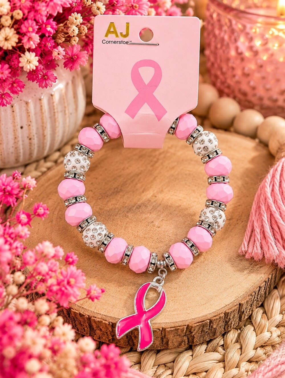 Pink Breast Cancer Awareness Beaded Bracelet